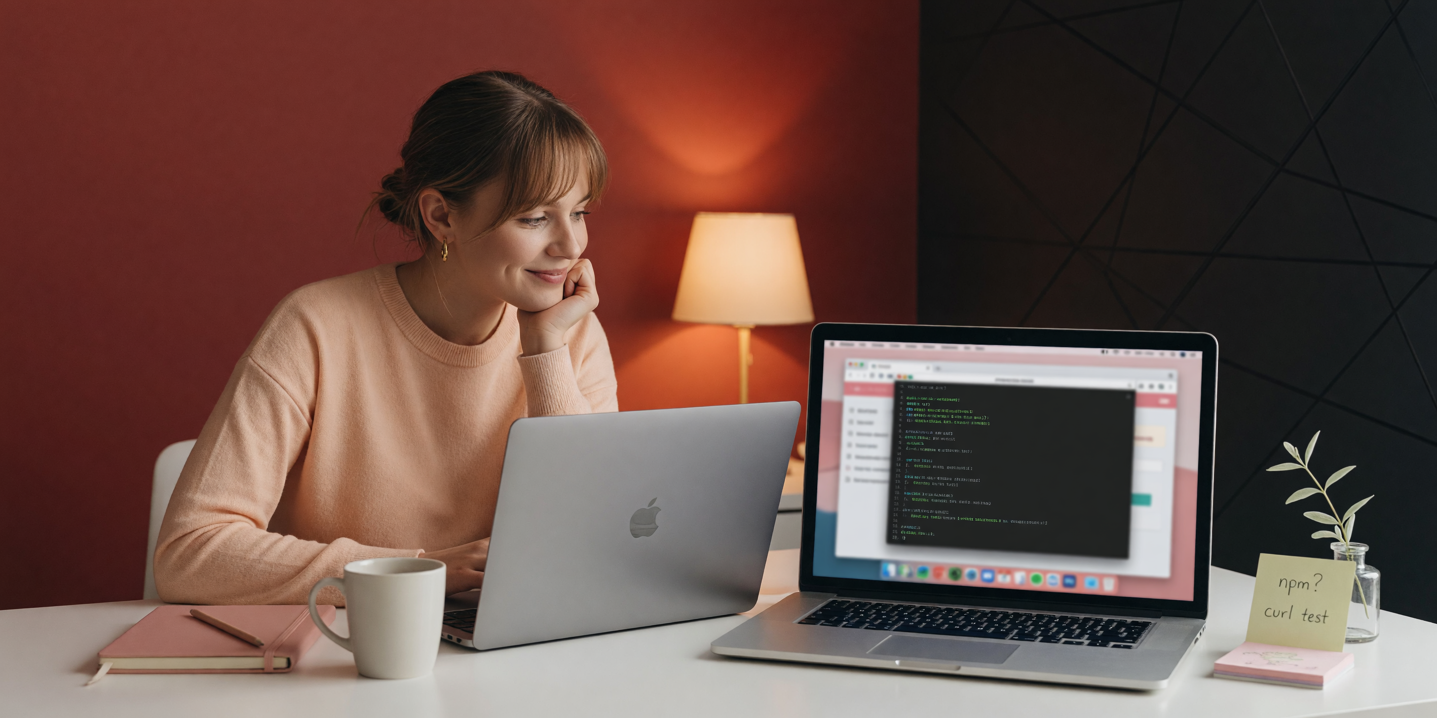 Mia learning Node.js on a Mac at a tidy desk